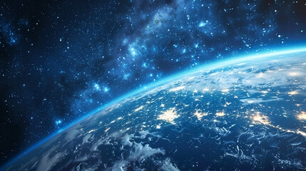 Fototapeta premium Stunning View of Earth from Outer Space at Night. A breathtaking image of Earth as seen from outer space, showcasing a vibrant atmosphere and illuminated cities against a starry sky.