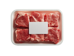 Fresh pork cuts arranged neatly on minimalist white tray, showcasing their rich red color and texture. clean white label adds modern touch, perfect for culinary presentations