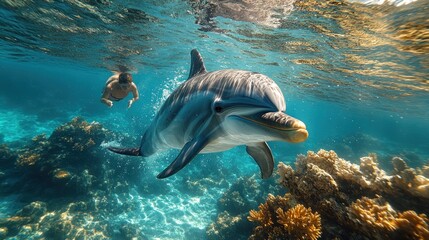 Obraz premium A diver swims alongside a dolphin in a vibrant underwater scene.