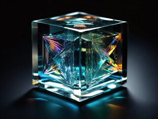 Fototapeta premium 3d crystal glass cube with refraction and holograph. on black background