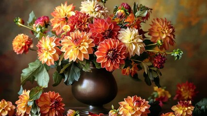 A bouquet of colorful dahlias sits in a brown vase on a table