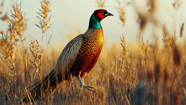 A pheasant stands in tall grass during the golden hour
