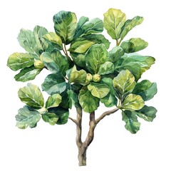 Watercolor clipart of a fig tree leafy and fruitful