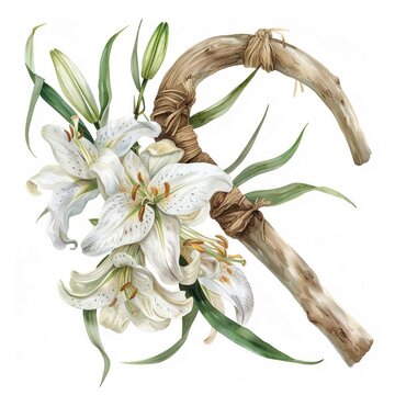 white lilies and wooden cane watercolor clip art preview