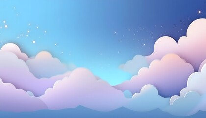 The sky background is filled with pastel fluffy clouds in a paper layer format.