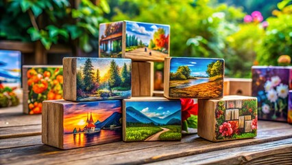 Colorful pictures displayed on wooden blocks, showcasing art and creativity in a rustic setting