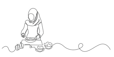 continuous line of muslim woman cooking.one line drawing of muslim woman cooking in the kitchen preparing dishes for the family.single line vector illustration.isolated white background