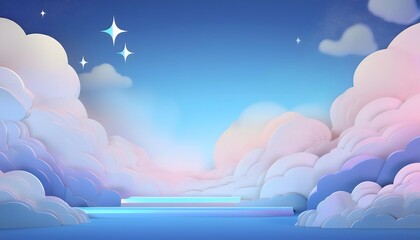The sky background is filled with pastel fluffy clouds in a paper layer format.