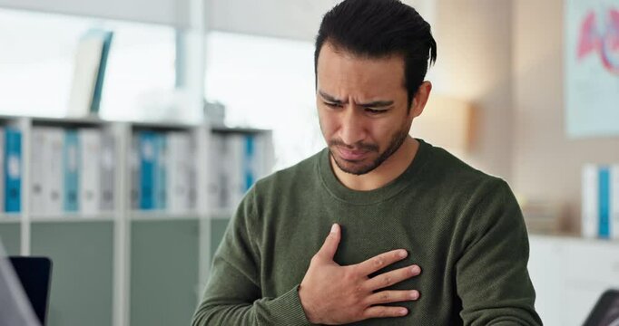 Chest pain, man or doctor in office, healthcare or heart attack with cancer crisis. Person, medical or professional with guy, sick or illness with cough, cardiovascular lung fail or tuberculosis risk