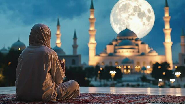 A Muslim woman praying in front of a mosque with a full moon in the background.