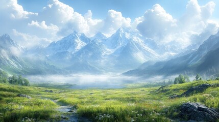Serene mountain landscape with lush greenery and misty atmosphere.