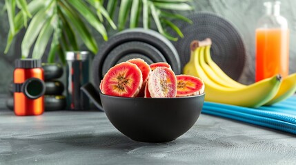 Bowl of freshly sliced red bananas resting fitness studios wellness bar yoga mats detox drinks fitness trackers softly blurred behind promoting fit balanced lifestyle Scientific name Musa acuminata