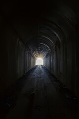 Obraz premium 古い煉瓦造りのトンネル。暗い道の先に出口｜An old brick tunnel. Exit at the end of a dark road.