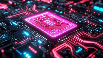 A computer motherboard microchip, detailed circuitry radiating pink light