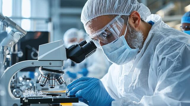 A scientist in a lab coat and protective gear examines a sample under a microscope.
