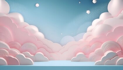 Obraz premium The sky background is filled with pastel fluffy clouds in a paper layer format.