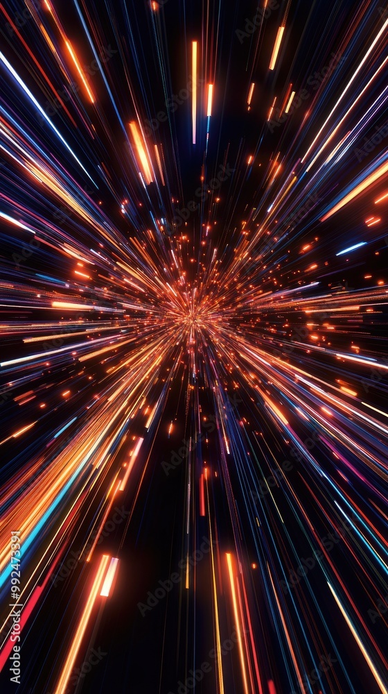 Poster dynamic burst of light and color creating an energetic visual experience of movement and excitement.