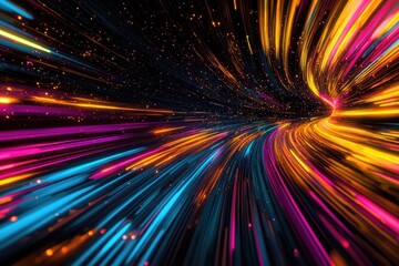 Vibrant light trails swirl in a cosmic tunnel of color, creating a dynamic and energetic visual experience.