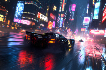 Sci-Fi Racing Car in Neon Tunnel, Gaming Wallpaper