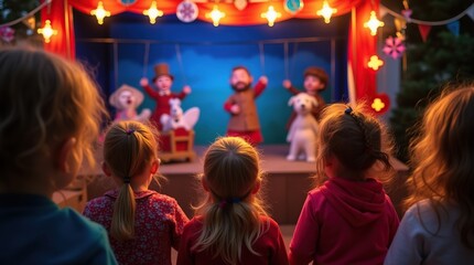 Children captivated by a colorful puppet show with vibrant lights