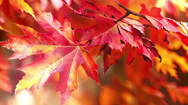 Maple large red autumn leaves on a tree in the sunlight