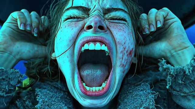 A woman with bloody face screams with her mouth wide open.