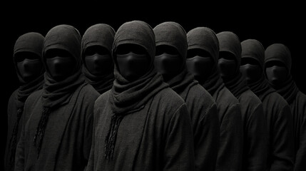 Line of anonymous, masked figures dressed in dark clothing, standing in formation, creating a mysterious and ominous scene in a dimly lit environment.