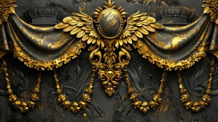 Ornate golden decorative element with a jewel, draped fabric, and intricate details.