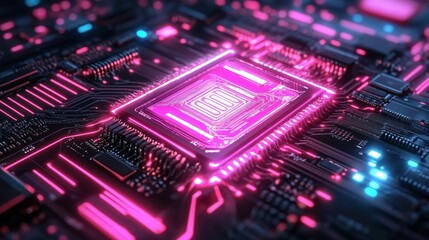 Obraz premium the central microchip glowing in bright pink neon