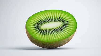 Kiwi Slice Delight: A vibrant, half-sliced kiwi fruit, showcasing its juicy, green flesh and tiny black seeds, sits on a subtly shaded background.