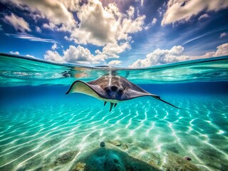Fototapeta premium Colorful Stingray Swimming Gracefully in Clear Blue Ocean Water Under Bright Sunlight