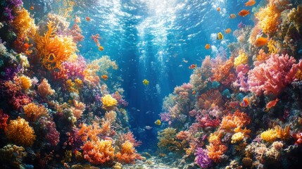Fototapeta premium Vibrant underwater coral reef teeming with colorful marine life.