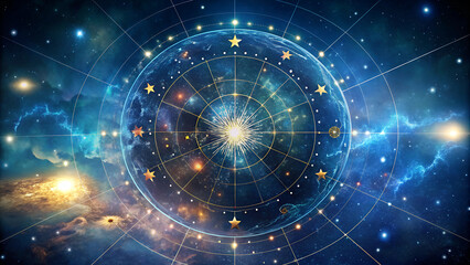 Celestial astrology chart with stars and cosmic background, colorful illustration, astrology, spirituality
