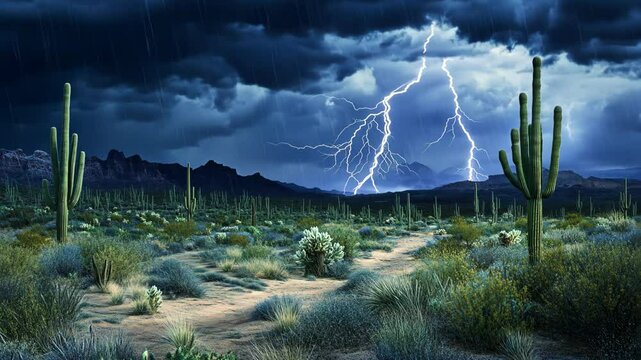 A desert path winds through a landscape of cacti and brush during a dramatic lightning storm