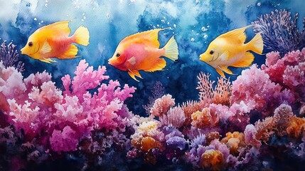 Obraz premium Colorful underwater scene with fish and coral reefs.