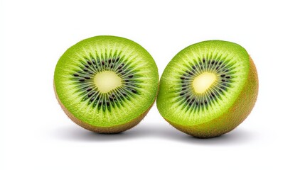 Freshly Sliced Kiwi: A vibrant and enticing image of two perfectly halved kiwi fruits, showcasing their juicy green flesh and tiny black seeds.  A delicious visual treat for any food lover. 