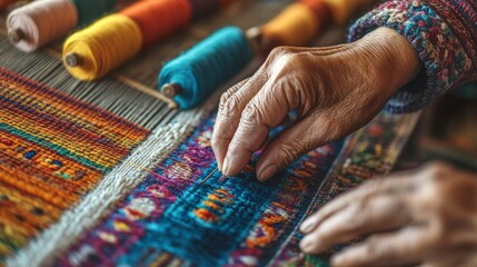 Craftsman's Hands Threading Needle on Traditional Loom