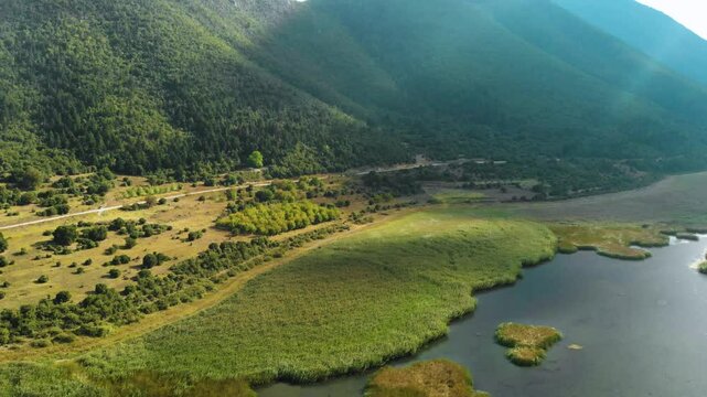 Aerial view of Stymphalia lake, located in the north-eastern part of the Peloponnese, in Corinthia, southern Greece, place where Hercules shot down the Stymfalian Birds according to the ancient myth.