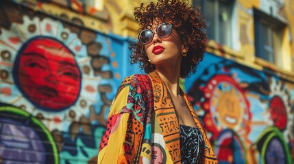 Obraz premium Stylish woman with curly hair and sunglasses standing in front of a colorful graffiti wall.