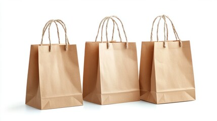 Three simple, eco-friendly paper shopping bags with durable handles, isolated on white