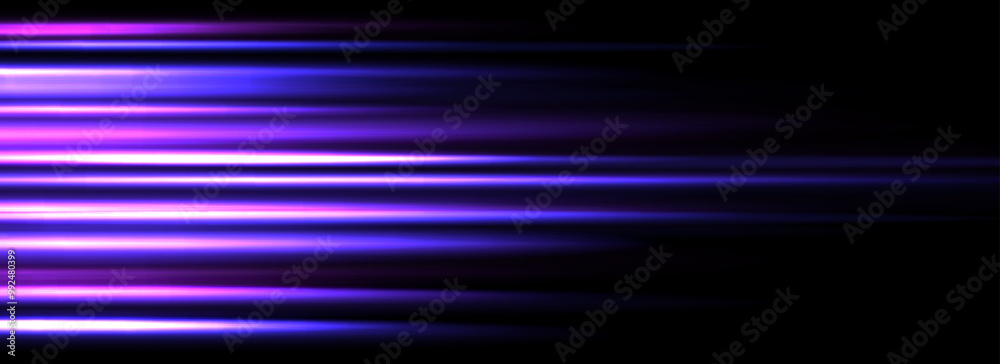 Poster neon glowing horizontal stripe background. blue purple speed light effect. magic trail flare lines t