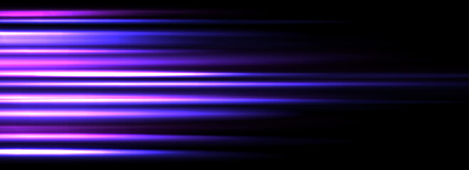 Neon glowing horizontal stripe background. Blue purple speed light effect. Magic trail flare lines texture. Luminous laser beams and rays wallpaper design. Futuristic neon streak backdrop. Vector