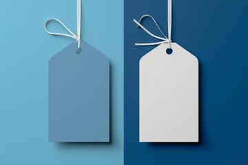 Two blank price tags hanging on blue and white background. Ideal for branding, marketing, or product display.