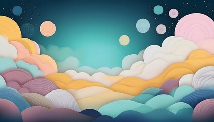 Fototapeta premium The sky background is filled with pastel fluffy clouds in a paper layer format.