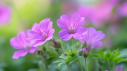 Fototapeta premium A close-up view of vibrant pink flowers blooming in a lush green garden, showcasing nature's beauty in soft focus.