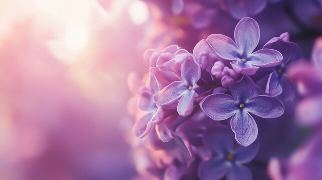 A close-up view of delicate lilac flowers, showcasing soft petals in shades of purple with a dreamy, blurred background.
