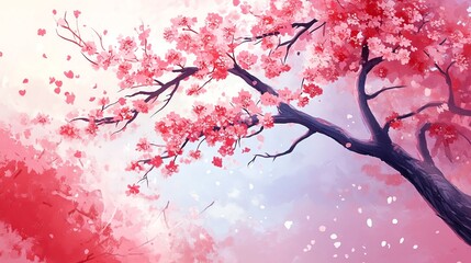 A stunning cherry blossom tree in full bloom, showcasing vibrant pink flowers against a soft, dreamy background.