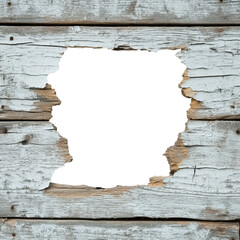 weathered wooden wall features large jagged hole, revealing stark black background. texture of wood adds character, evoking sense of rustic charm and age