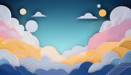 The sky background is filled with pastel fluffy clouds in a paper layer format.