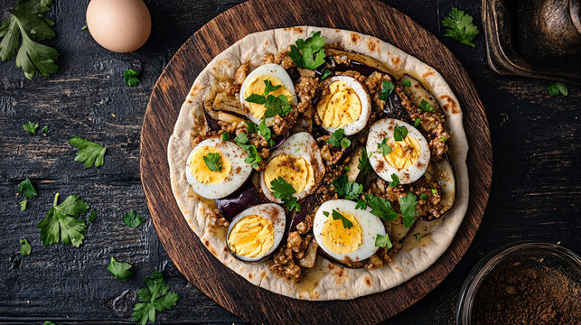  Middle Eastern sabich with eggplant, hard-boiled eggs, and tahini in pita bread - delicious eggplant and egg pita bread on wooden cutting board